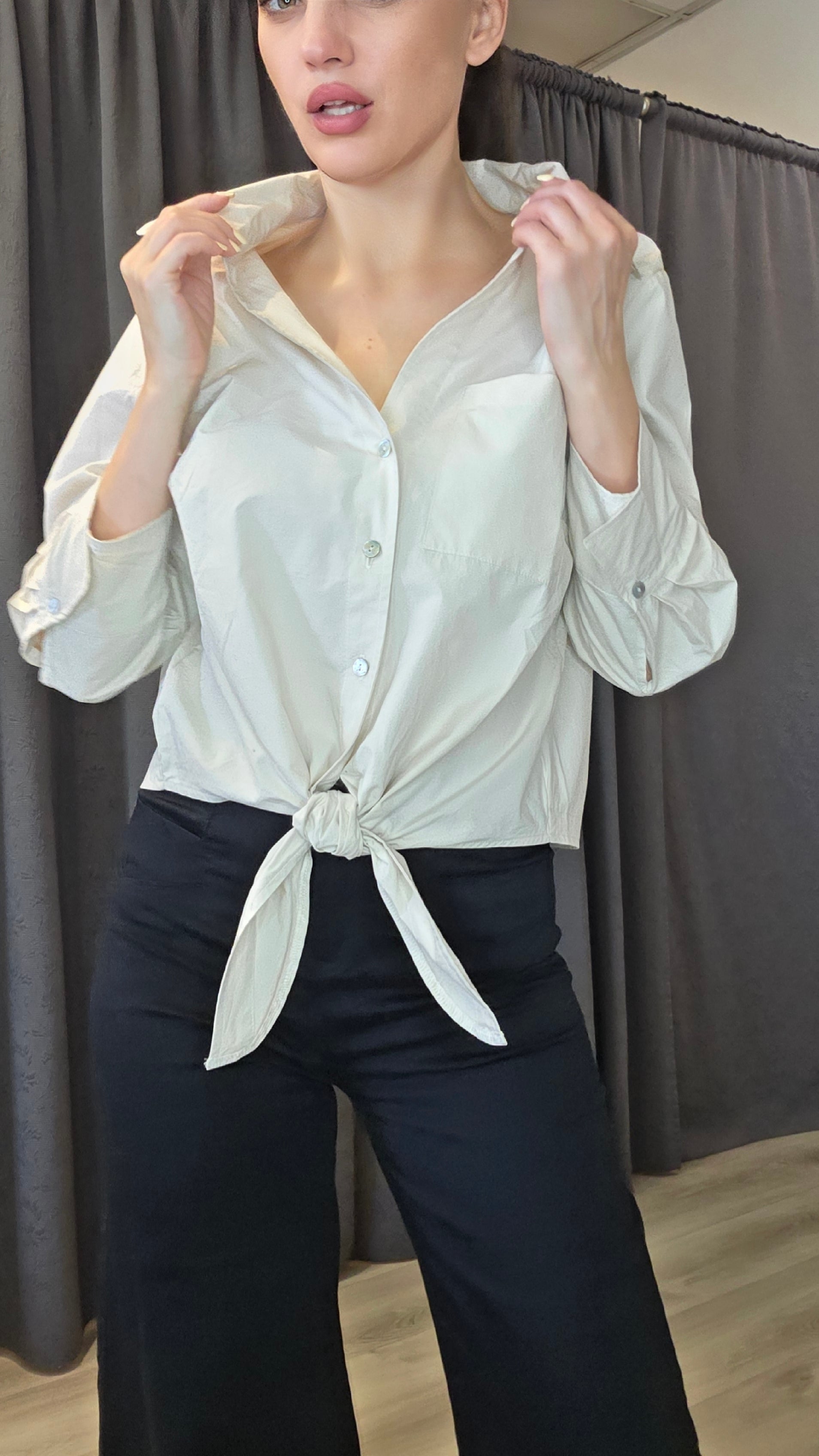 Women’s Peruvian Cotton Front Tie Button-Down Blouse – Black or Beige