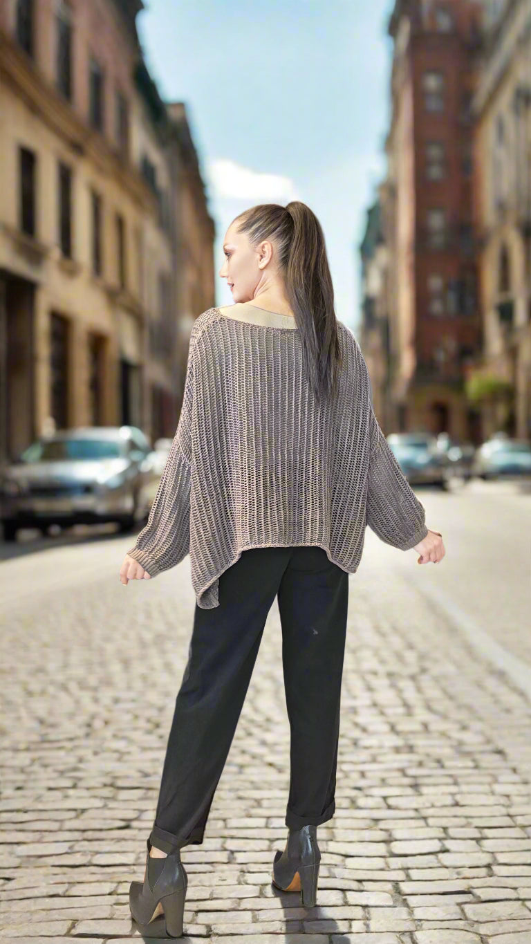 Women’s Taupe Open-Weave Knit Pullover – Relaxed Fit Cotton Sweater with Pockets