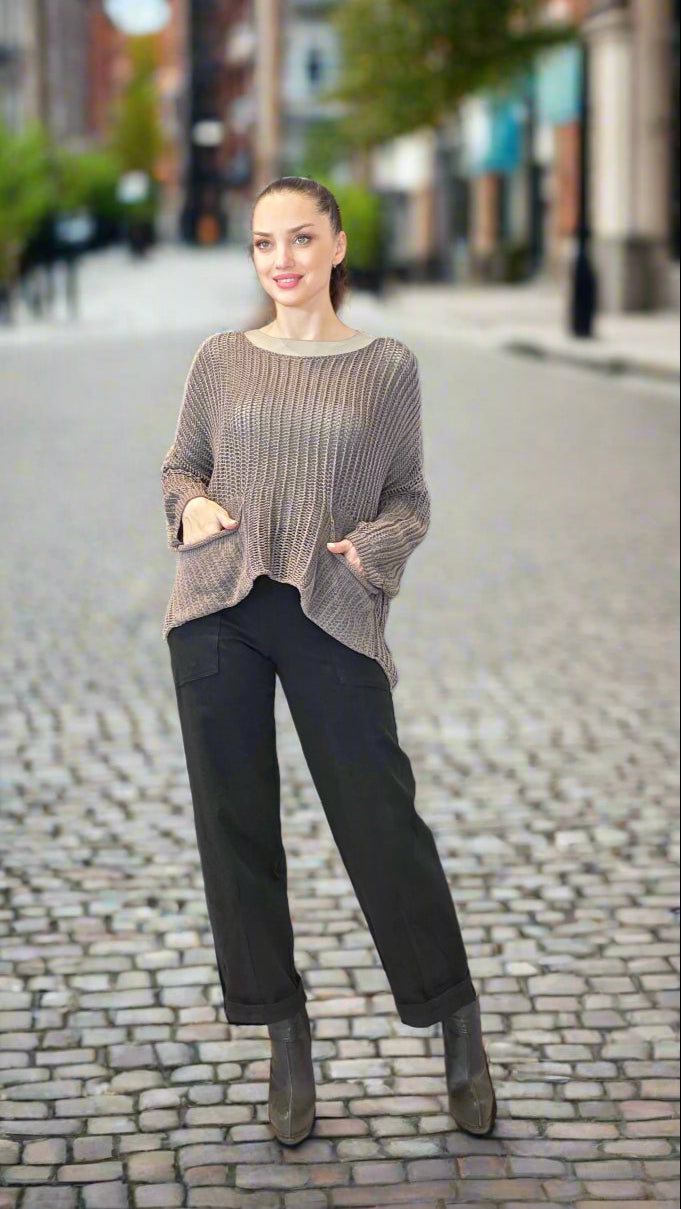 Women’s Taupe Open-Weave Knit Pullover – Relaxed Fit Cotton Sweater with Pockets