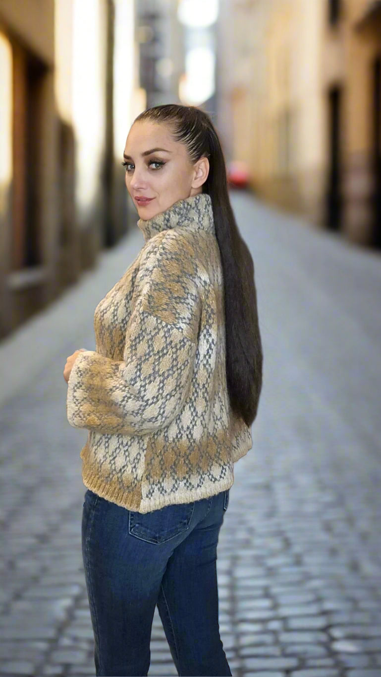 Beige and Grey Print Turtleneck Sweater