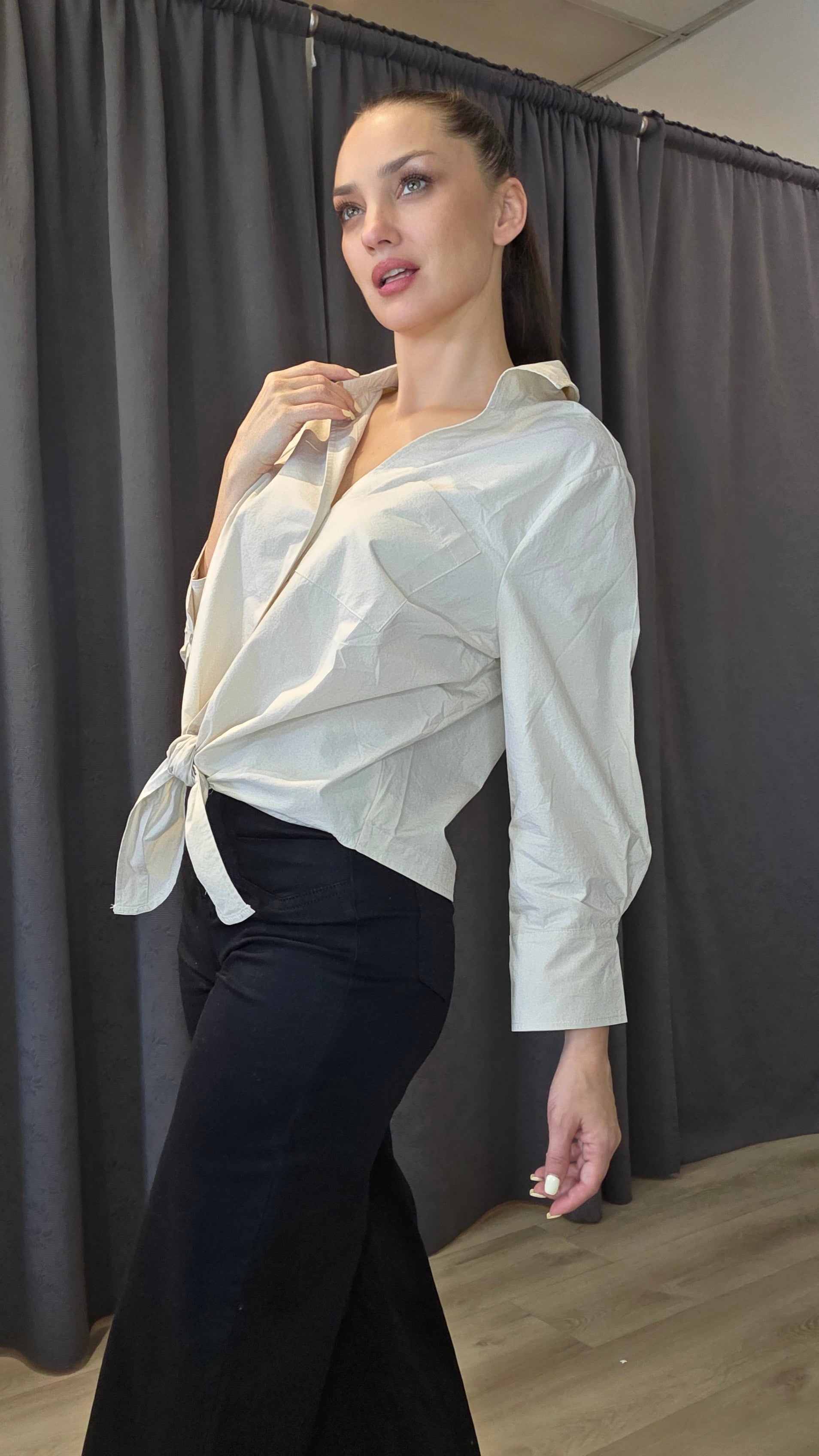 Women’s Peruvian Cotton Front Tie Button-Down Blouse – Black or Beige