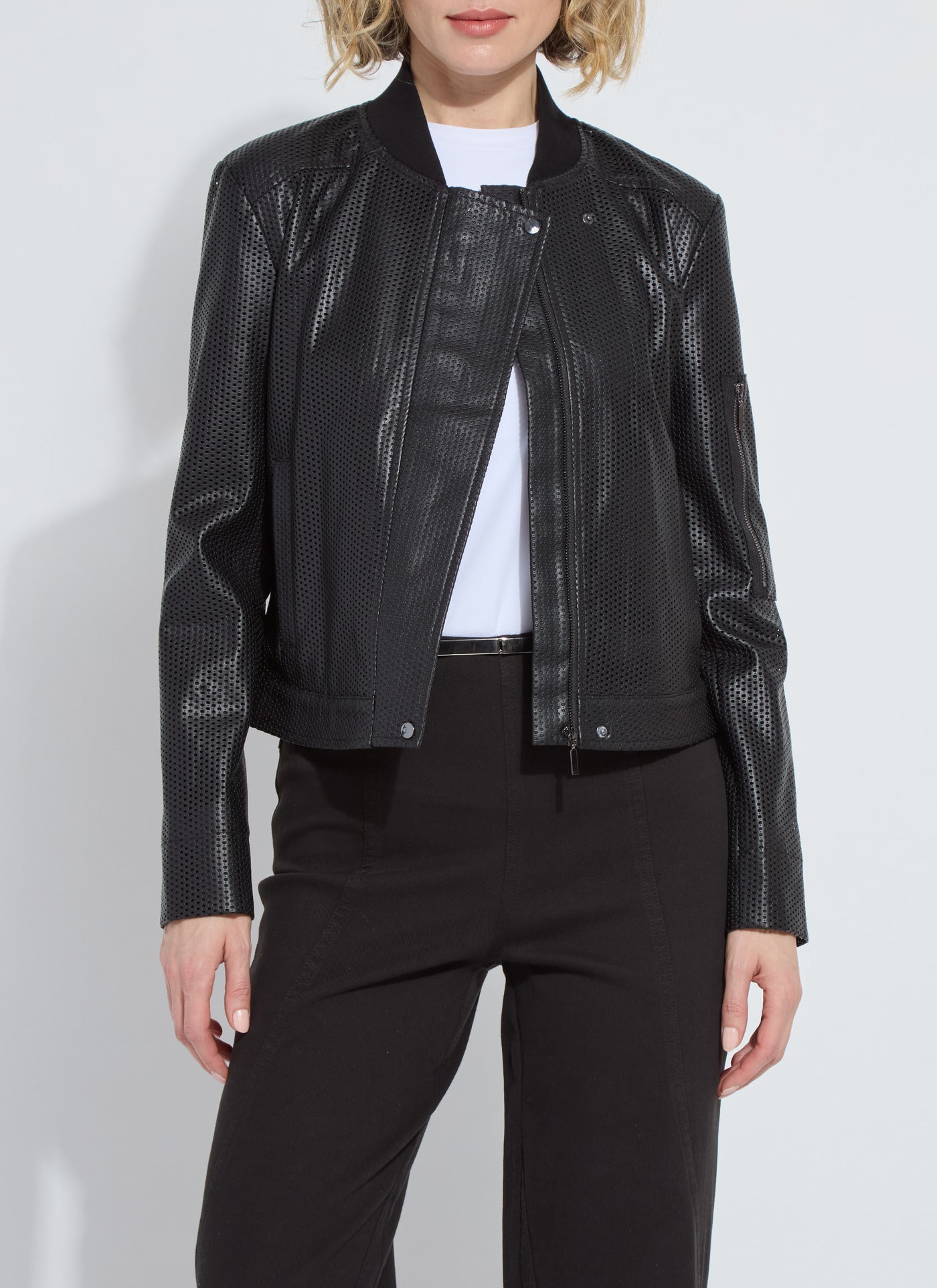 Women’s Black Perforated Vegan Leather Biker Jacket – Washable, Stylish Moto Outwear