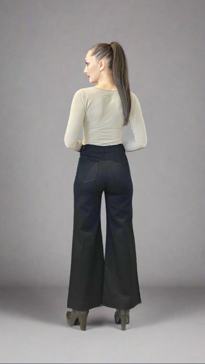 Women’s Black High-Waist Wide Leg Jeans – 4-Way Stretch Cotton Comfort