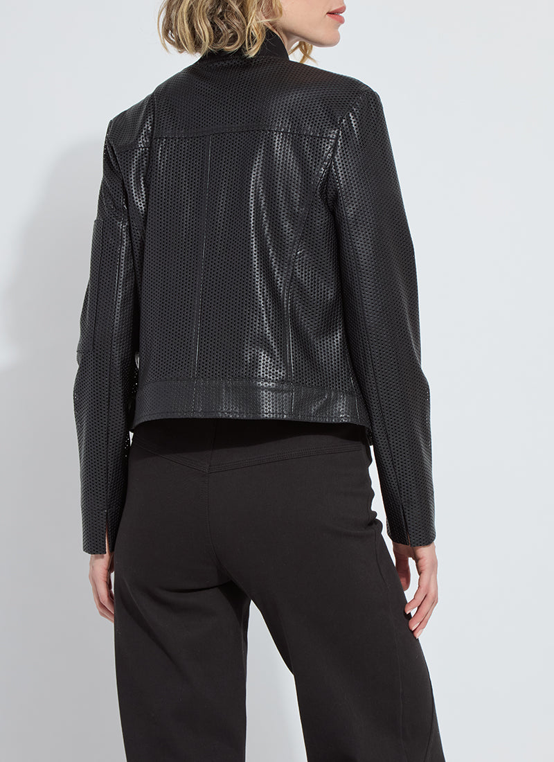 Women’s Black Perforated Vegan Leather Biker Jacket – Washable, Stylish Moto Outwear