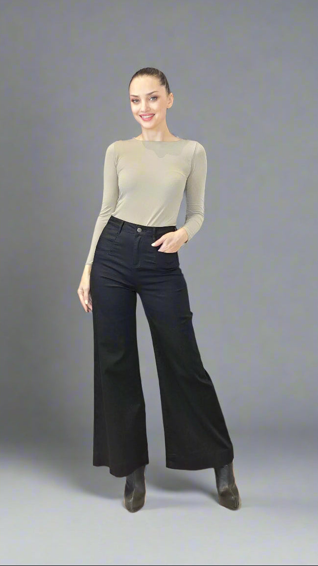 Women’s Black High-Waist Wide Leg Jeans – 4-Way Stretch Cotton Comfort
