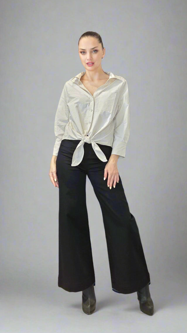 Women’s Peruvian Cotton Front Tie Button-Down Blouse – Black or Beige