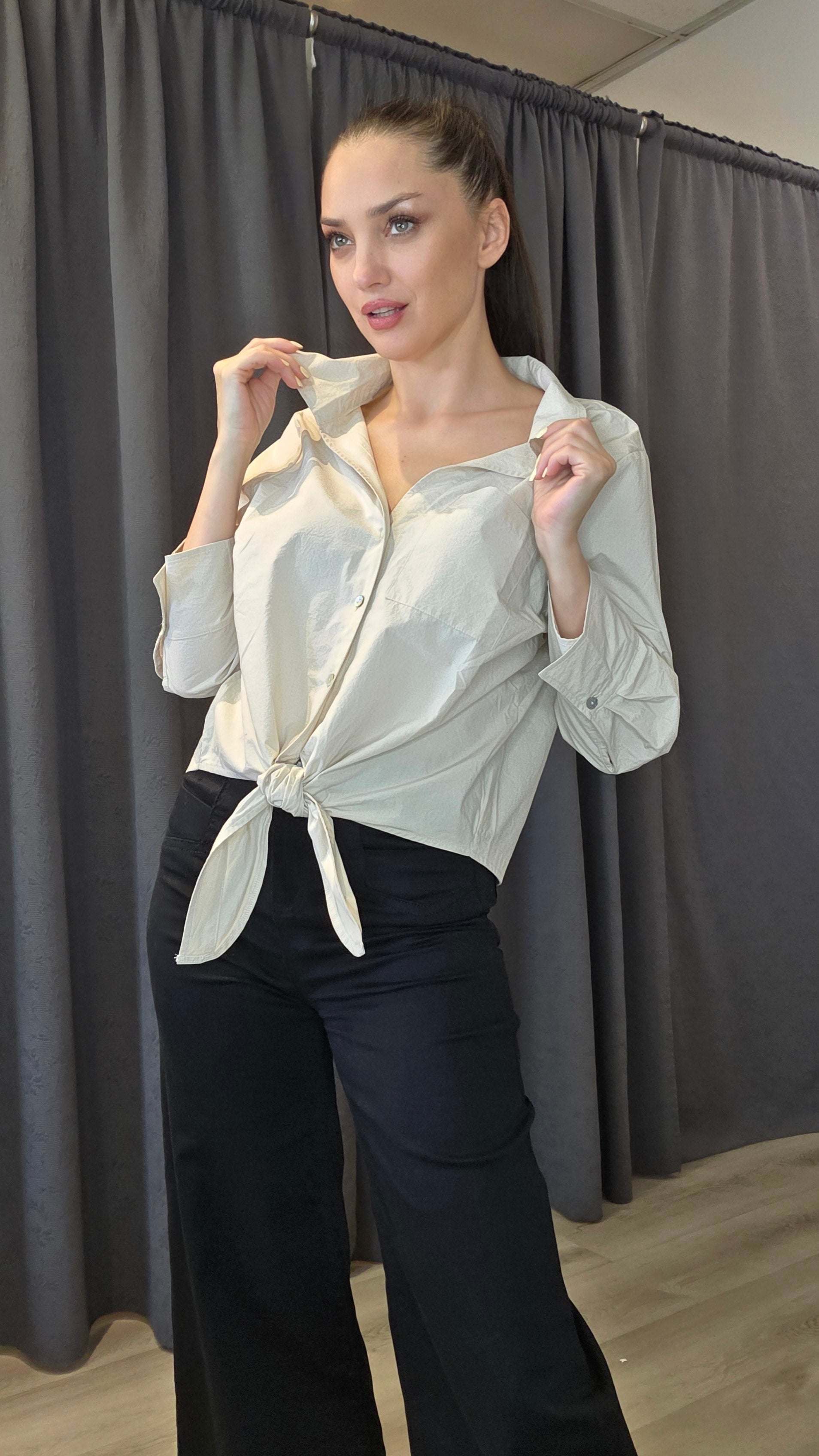 Women’s Peruvian Cotton Front Tie Button-Down Blouse – Black or Beige