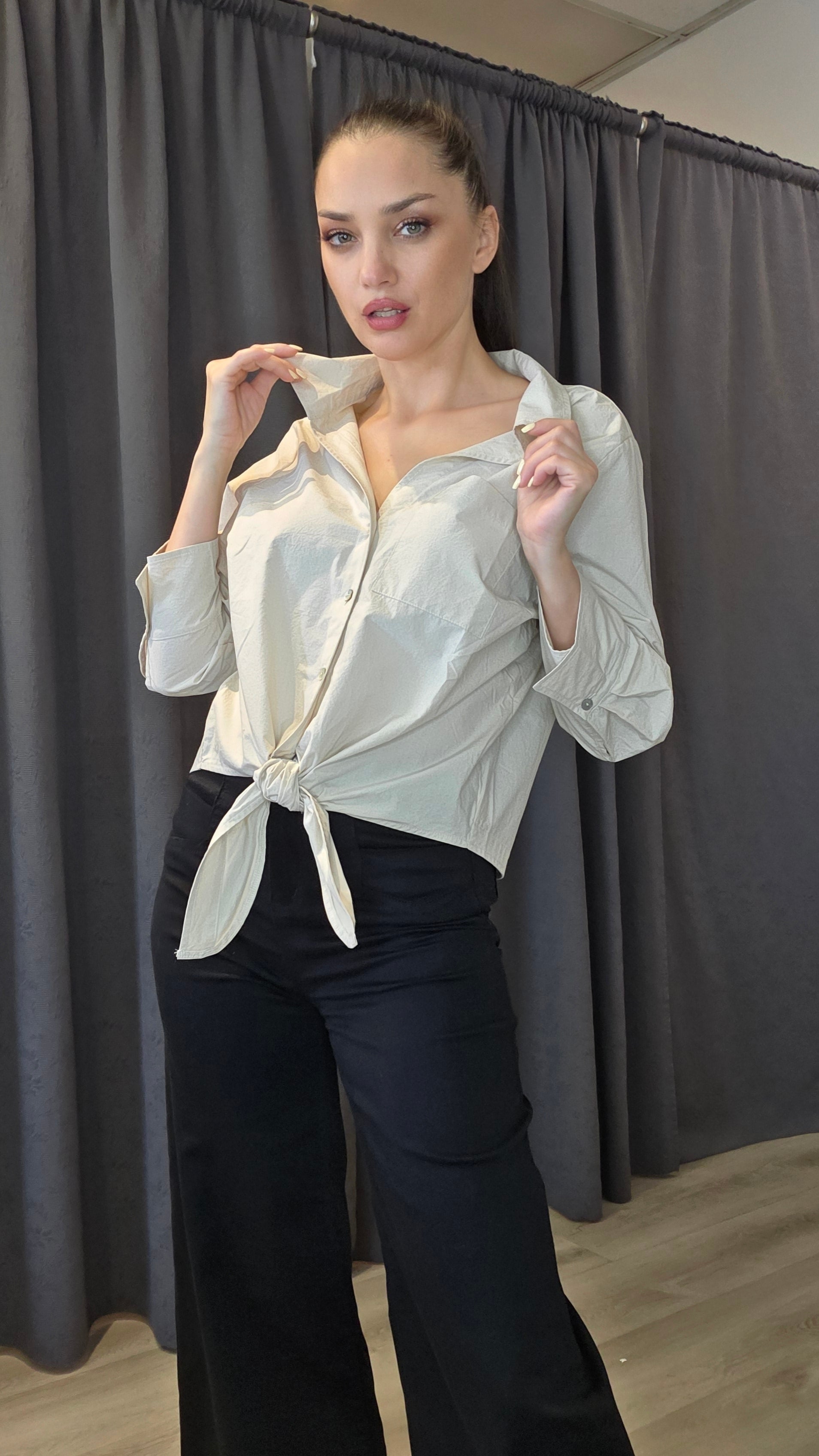 Women’s Peruvian Cotton Front Tie Button-Down Blouse – Black or Beige