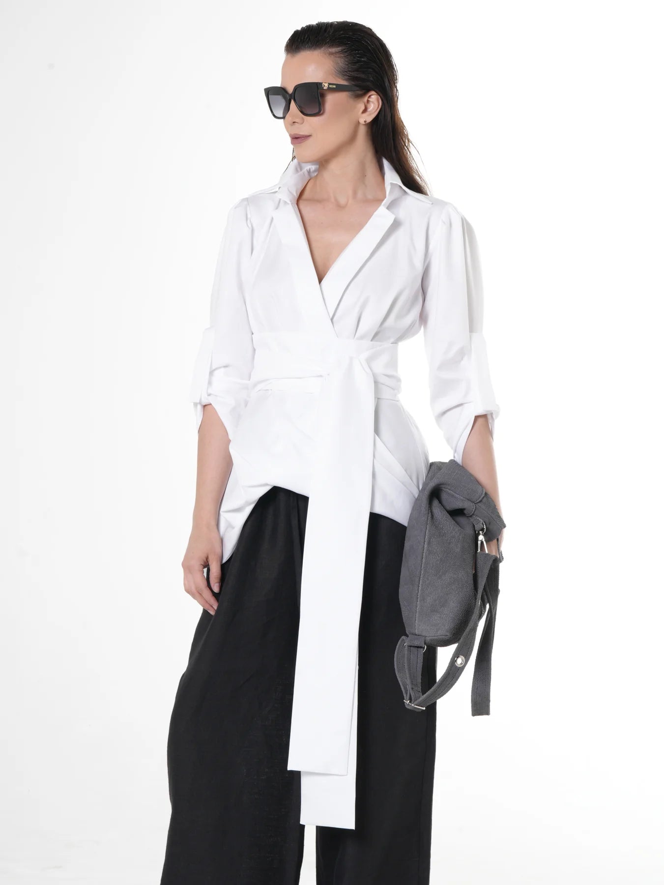 Women’s Oversized Belted Cotton White Shirt
