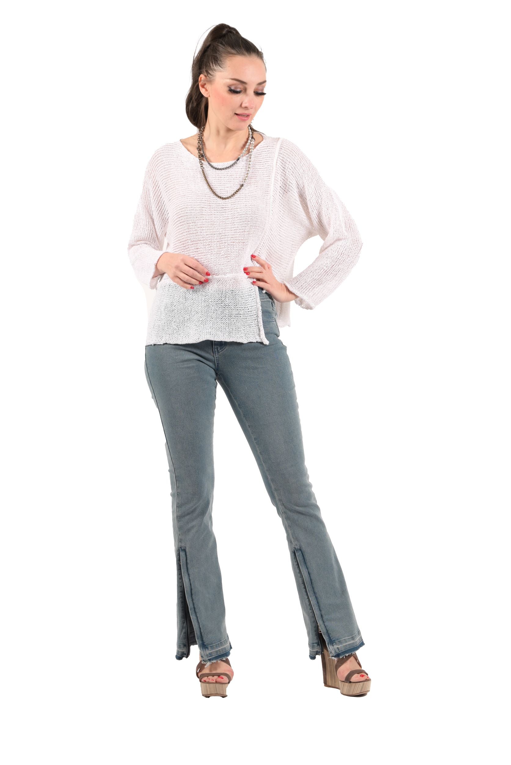 Denim Comfort Fit Flare Jeans with Two Zippers and Frayed Bottoms