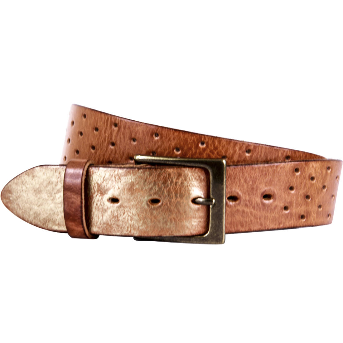 Curved Handmade Leather Belts, Perforata Cognac